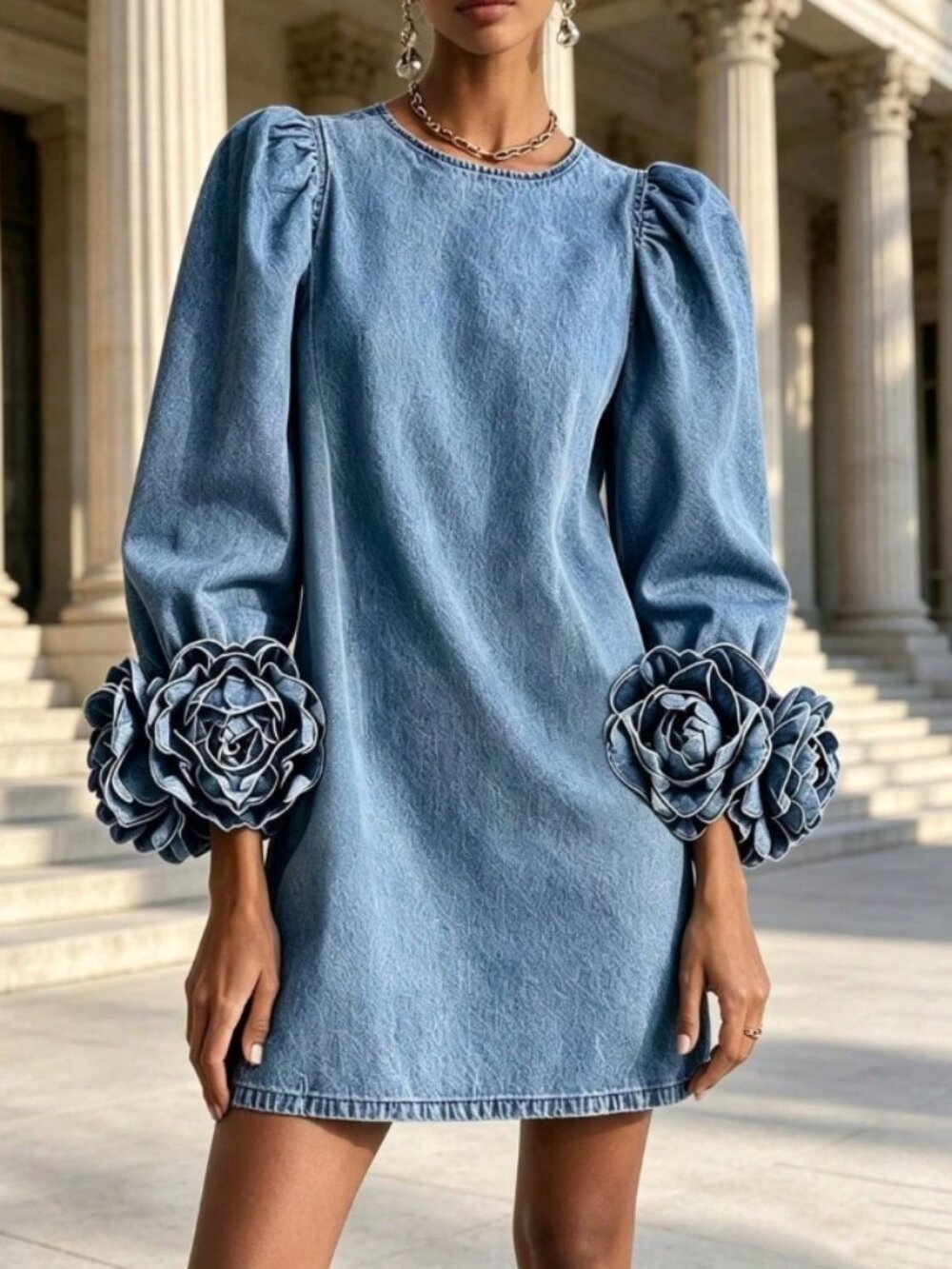 3D Rose Cuff Puff Sleeve Printed Denim Look Dress NWT